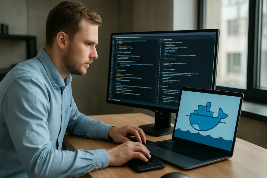 Fejlesztő dolgozik a konténerizáció és container image témájában.