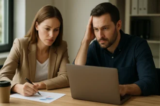 Két ember, aki a vásárlási szándék elemzésén dolgozik laptop előtt.