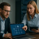 Két szakember felügyelt hálózati szolgáltatásokon dolgozik egy laptopon.