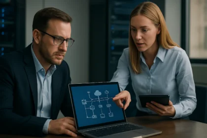 Két szakember felügyelt hálózati szolgáltatásokon dolgozik egy laptopon.