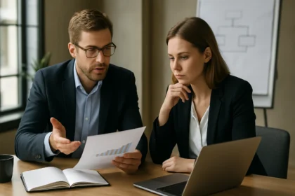 Két üzletember üzleti elemzést végez egy tárgyalóban.