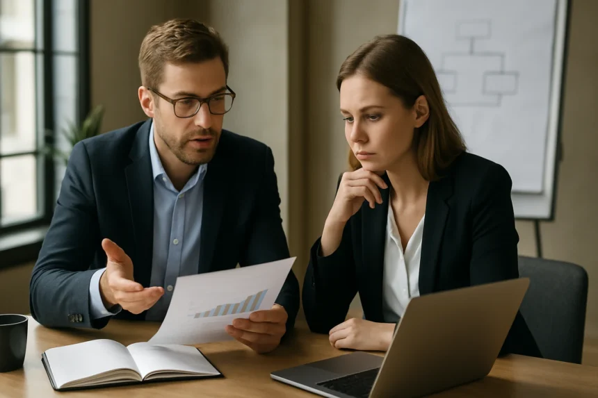 Két üzletember üzleti elemzést végez egy tárgyalóban.