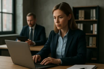 Jogász elektronikus bizonyítékokat vizsgál egy irodában