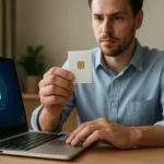 Férfi intelligens kártyát tart a laptop előtt, biztonsági funkciók szem előtt tartva.