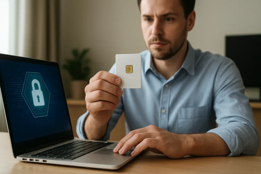 Férfi intelligens kártyát tart a laptop előtt, biztonsági funkciók szem előtt tartva.