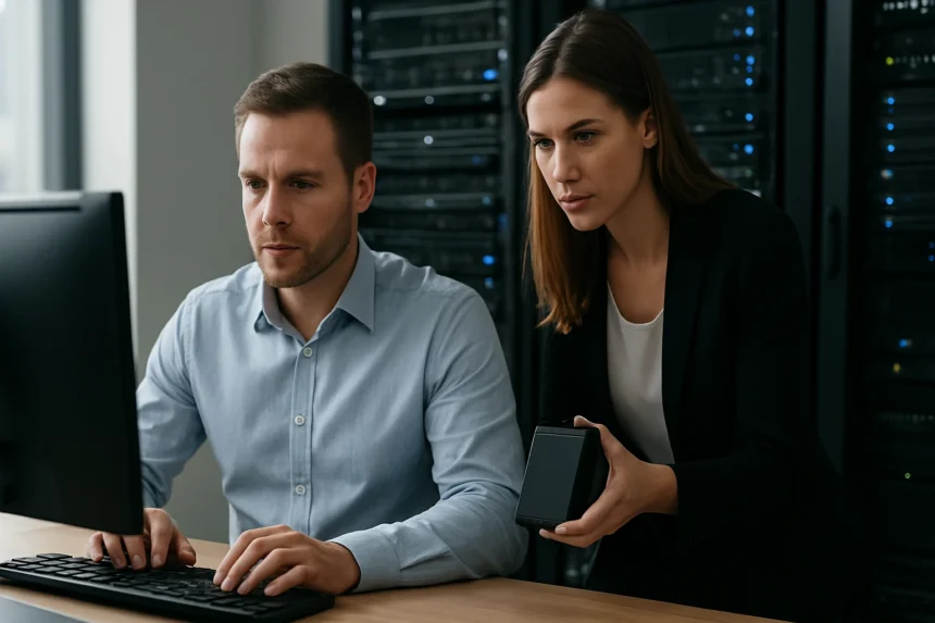 Két informatikai szakember adatkezelési feladatot végez egy számítógépnél.