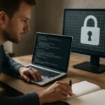 Férfi a számítógép előtt, titkosítási kódot ír egy jegyzetfüzetbe.