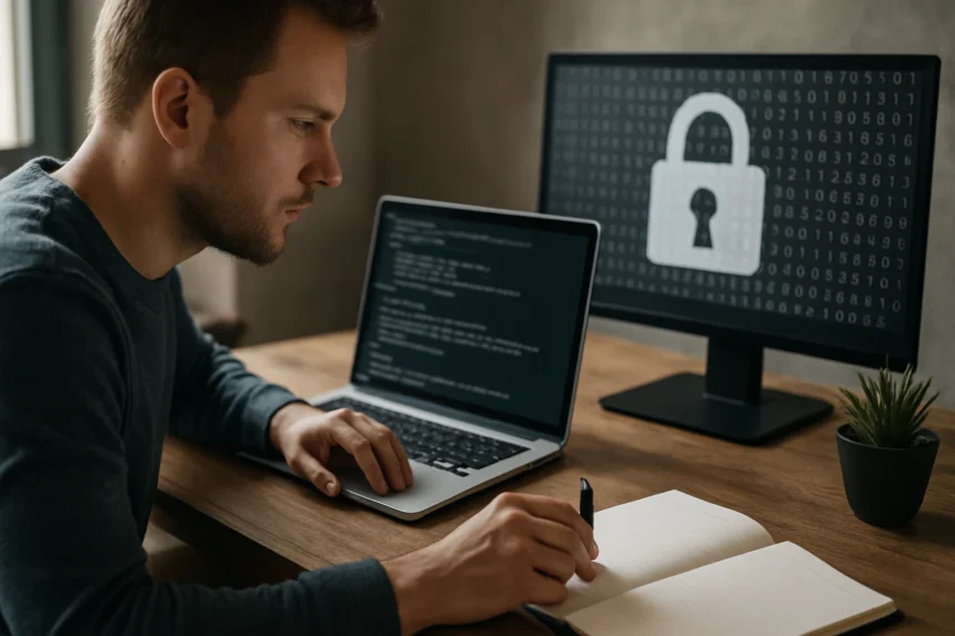 Férfi a számítógép előtt, titkosítási kódot ír egy jegyzetfüzetbe.