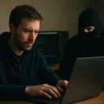 Egy férfi hackel egy számítógépet, míg egy maszkos személy figyeli.