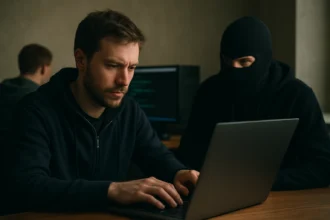 Egy férfi hackel egy számítógépet, míg egy maszkos személy figyeli.