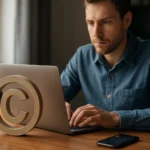 Férfi dolgozik laptopján, mellett a szerzői jog szimbóluma