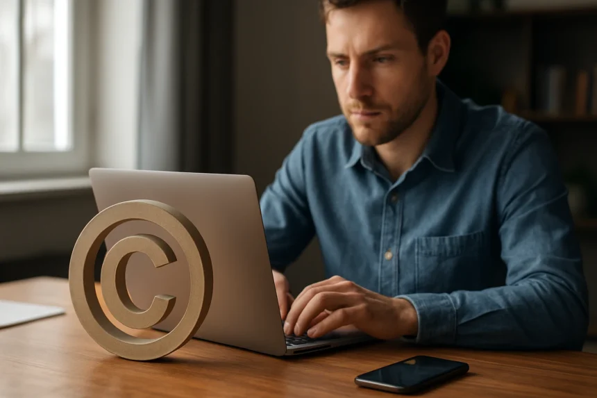 Férfi dolgozik laptopján, mellett a szerzői jog szimbóluma