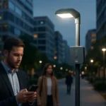 Okos közvilágítás, modern lámpák és városi táj