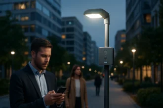 Okos közvilágítás, modern lámpák és városi táj