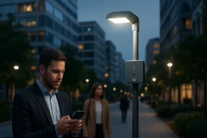 Okos közvilágítás, modern lámpák és városi táj