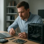 Férfi számítógép hardverelemeket szerel össze az irodában