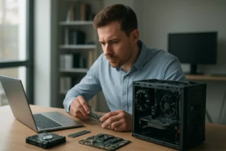 Férfi számítógép hardverelemeket szerel össze az irodában