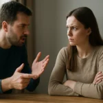 Férfi vitázik nővel, kognitív disszonancia témában.