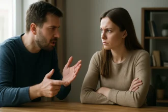 Férfi vitázik nővel, kognitív disszonancia témában.