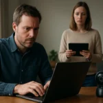 IoT eszközök és adatvédelem - férfi laptopon dolgozik, nő táblagéppel.