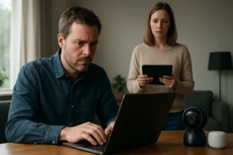 IoT eszközök és adatvédelem - férfi laptopon dolgozik, nő táblagéppel.