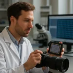 Férfi tudós CCD érzékelővel és digitális fényképezőgéppel laboratóriumban.