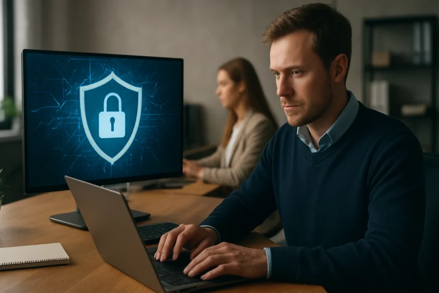 Hálózati biztonság: szakember dolgozik a képernyőn álló zárjellel.