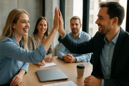 Pozitív munkahelyi kapcsolatot tükröző csapatmunka