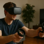 Fiatal férfi VR headsettel játszik, virtuális valóság élményt élvezve.