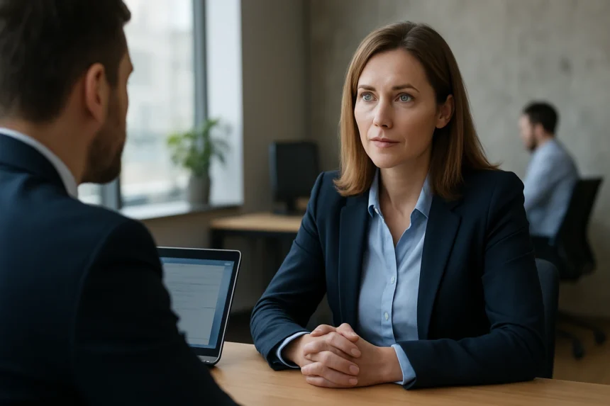 Ügyfélkapcsolati vezető interjún, IT szektorban ülésezik.