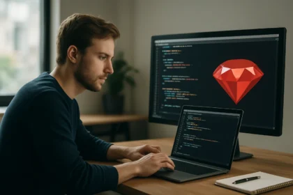 Férfi Ruby programozó gép előtt, kódokkal a képernyőn.