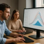 Két személy Monte Carlo szimulációt elemző grafikon előtt dolgozik.