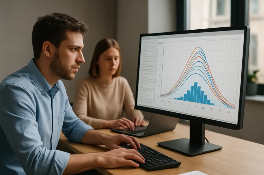 Két személy Monte Carlo szimulációt elemző grafikon előtt dolgozik.