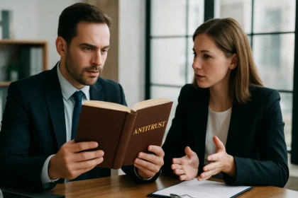 Üzleti szakemberek az antitröszt törvényekről beszélgetnek.