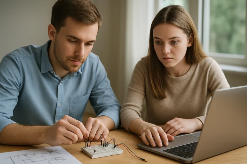 Két fiatal elektronikai kísérletet végez logikai kapukkal