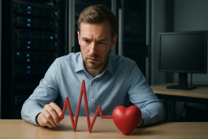 Férfi a szerver előtt, szívverést szimbolizáló grafikon mellett.