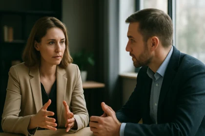 Két ember érzelmi intelligenciával beszélget egy munkahelyi környezetben.