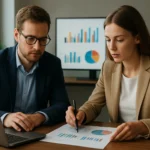Két üzleti szakember tartalomelemzést végez egy laptop előtt, grafikonokkal.