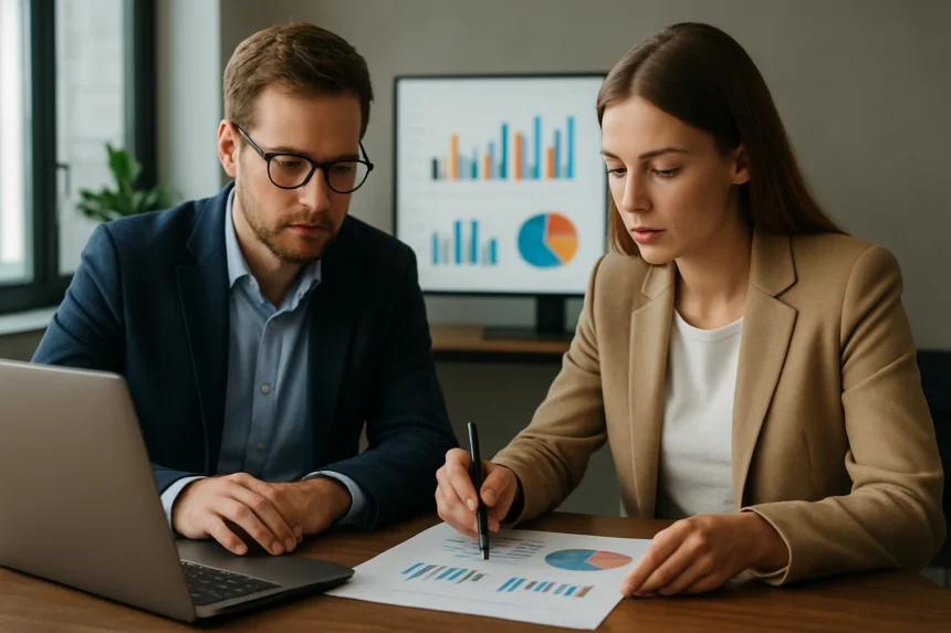 Két üzleti szakember tartalomelemzést végez egy laptop előtt, grafikonokkal.