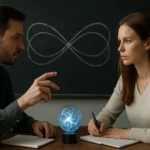 Két ember beszélget kvantum összefonódásról egy grafikon előtt