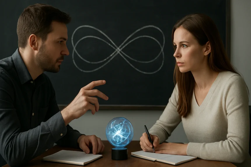 Két ember beszélget kvantum összefonódásról egy grafikon előtt