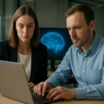 Két szakember együtt dolgozik mesterséges intelligencia projekten.