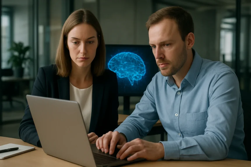 Két szakember együtt dolgozik mesterséges intelligencia projekten.