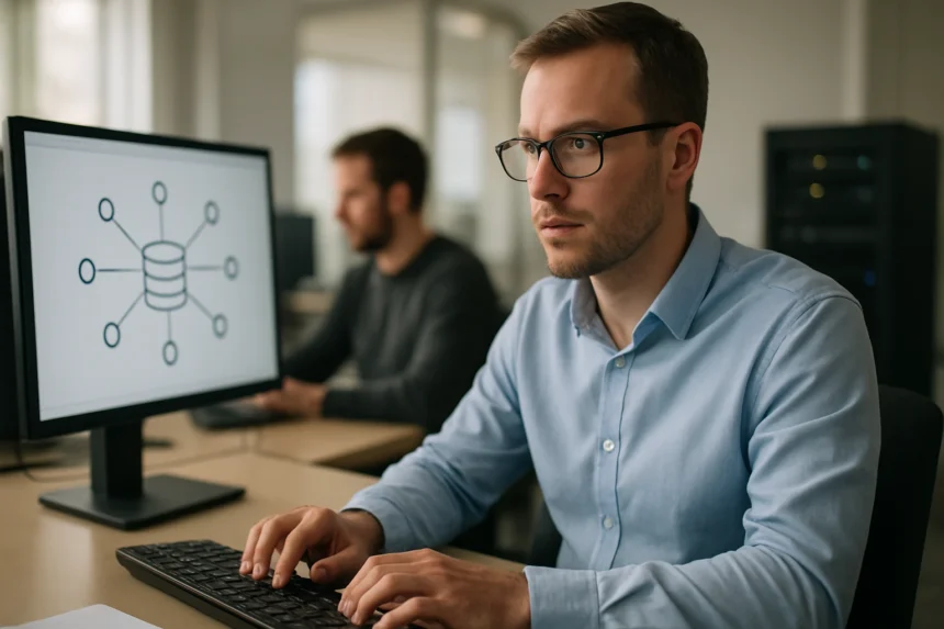 Férfi az IT irodában LDAP protokoll használata közben.