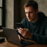 Fiatal férfi telefonján kiberbiztonsági fenyegetést vizsgál.