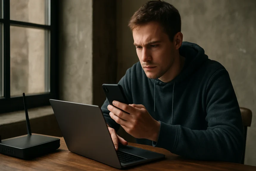Fiatal férfi telefonján kiberbiztonsági fenyegetést vizsgál.