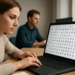 Nő számítógép előtt, Unicode karakterkódokkal a képernyőn