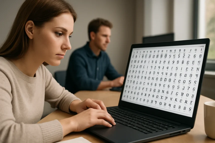 Nő számítógép előtt, Unicode karakterkódokkal a képernyőn