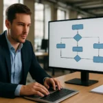 Férfi digitális munkafolyamat diagramjával a számítógépen.