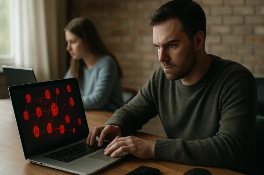 Férfi a laptopján botnet hálózatdiagramot vizsgál, kiberbiztonság.